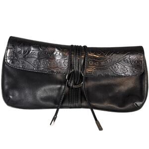 Via Spiga.Embossed Clutch Africa Collection Black Leather Indie Boho Designer